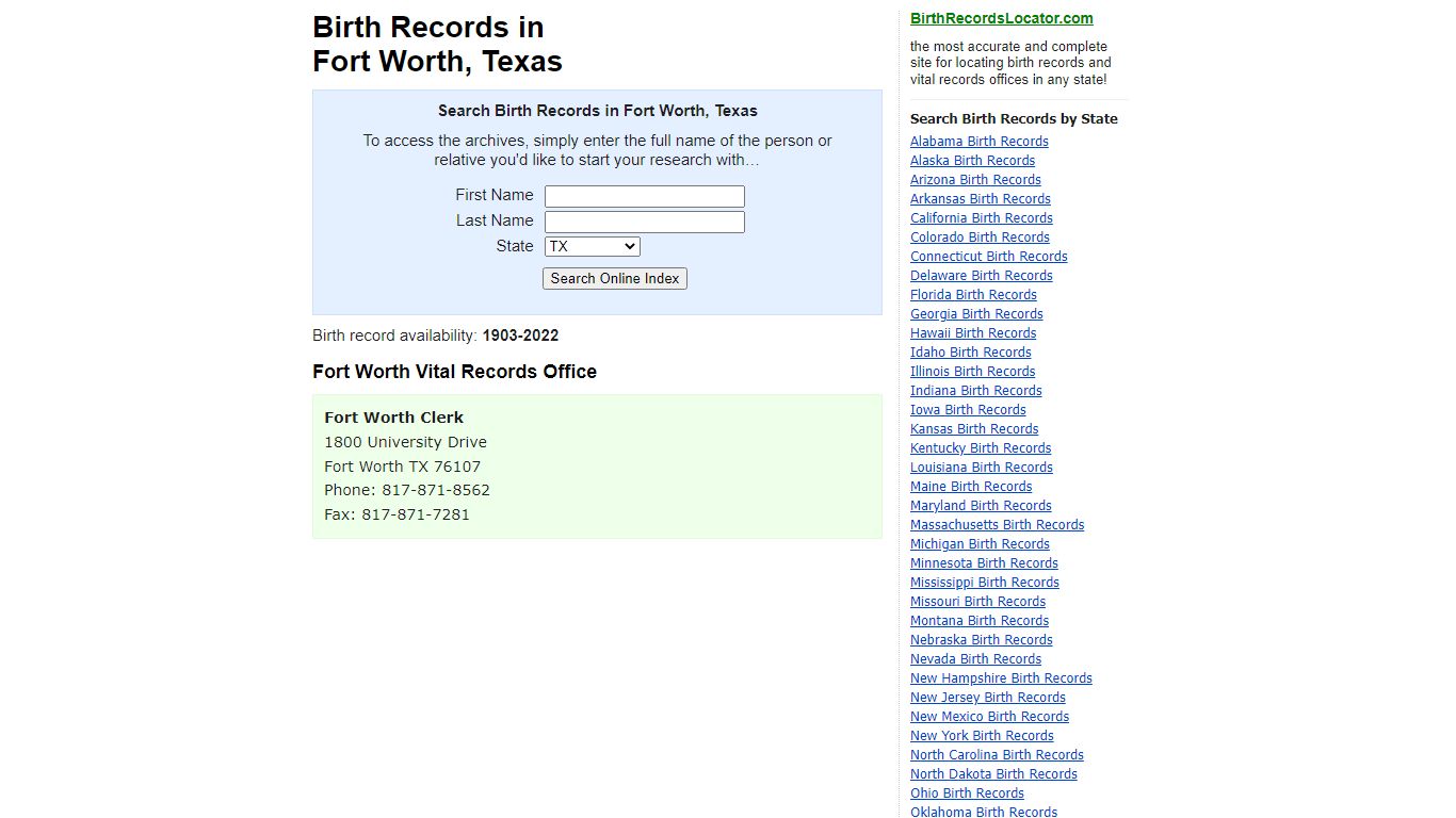 Birth Records in Fort Worth, Texas